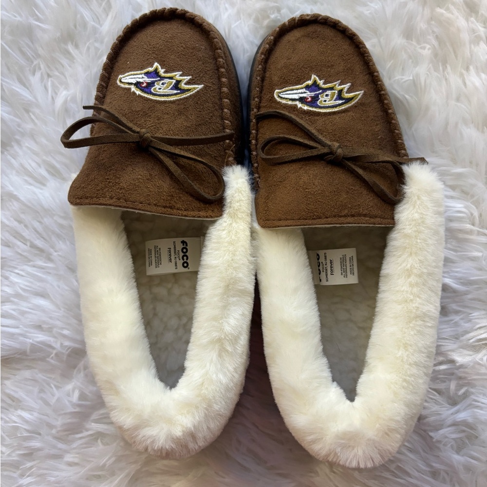Baltimore Ravens NFL Cozy Brown and Cream Women Moccasins